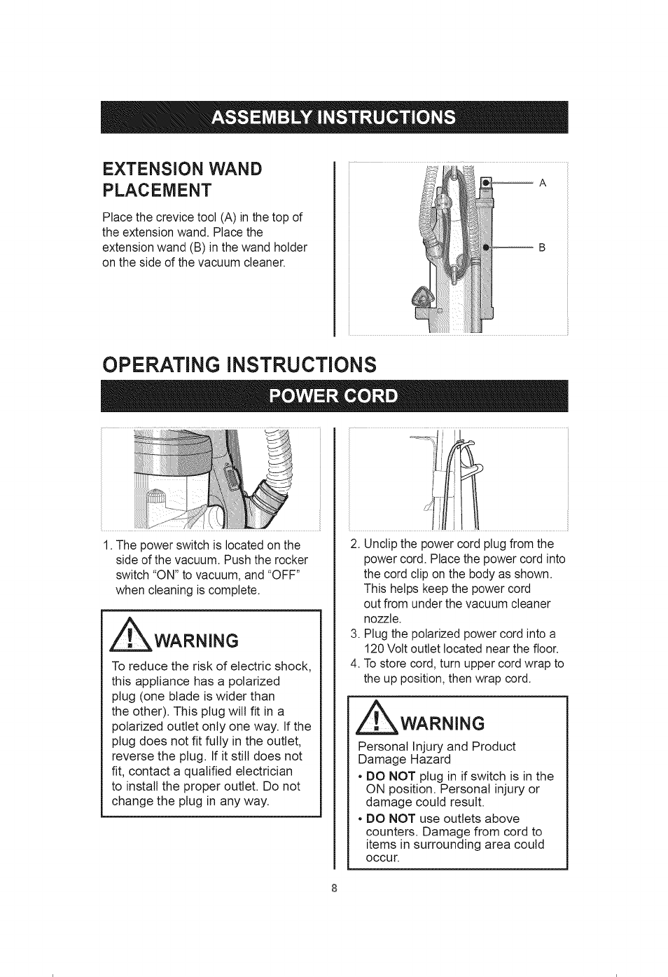 Power cord, Warning, Operating instructions | Assembly instructions extension wand placement | Kenmore 401.39000 User Manual | Page 8 / 16