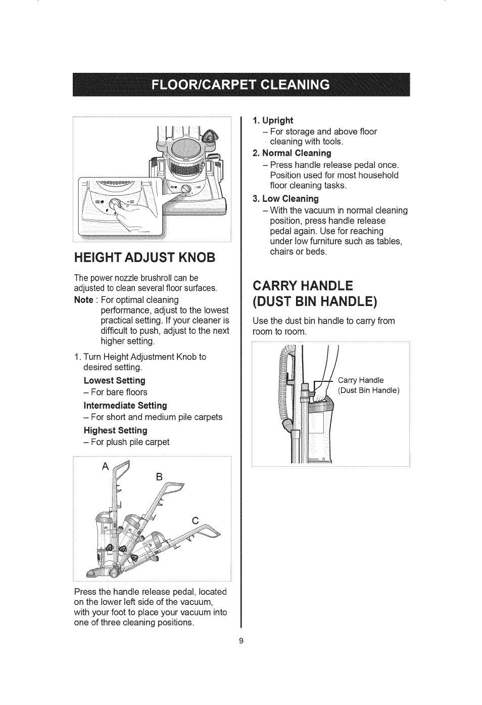 Floor/carpet cleanin, Carry handle (dust bin handle), Floor/ carpet cleaning | Height adjust knob | Kenmore 401.39000 User Manual | Page 9 / 16