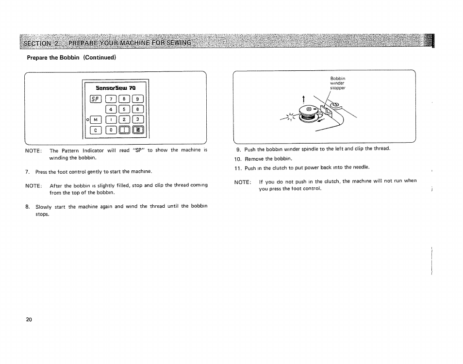 Section -2: pfiepabe, Prepare the bobbin (continued), Scnsorseui 70 | El cdci] cidcidmm | Kenmore 19501 User Manual | Page 21 / 98