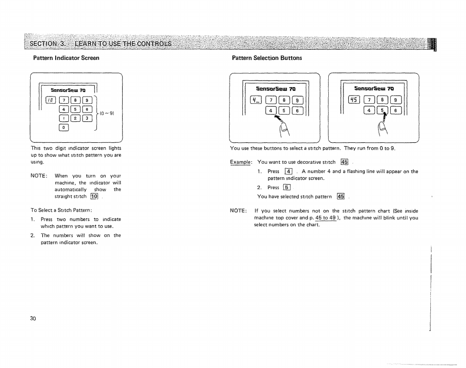 Pattern indicator screen, Pattern selection buttons, Sensorseui 7q | Odsmcld, E3ceici | Kenmore 19501 User Manual | Page 31 / 98