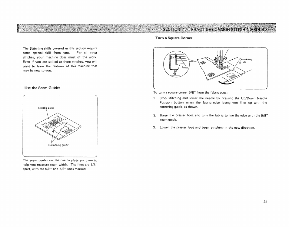 Section 4.-' 'practlcex'omivlonstitchfng^kills, Use the seam guides, Turn a square corner | Kenmore 19501 User Manual | Page 36 / 98