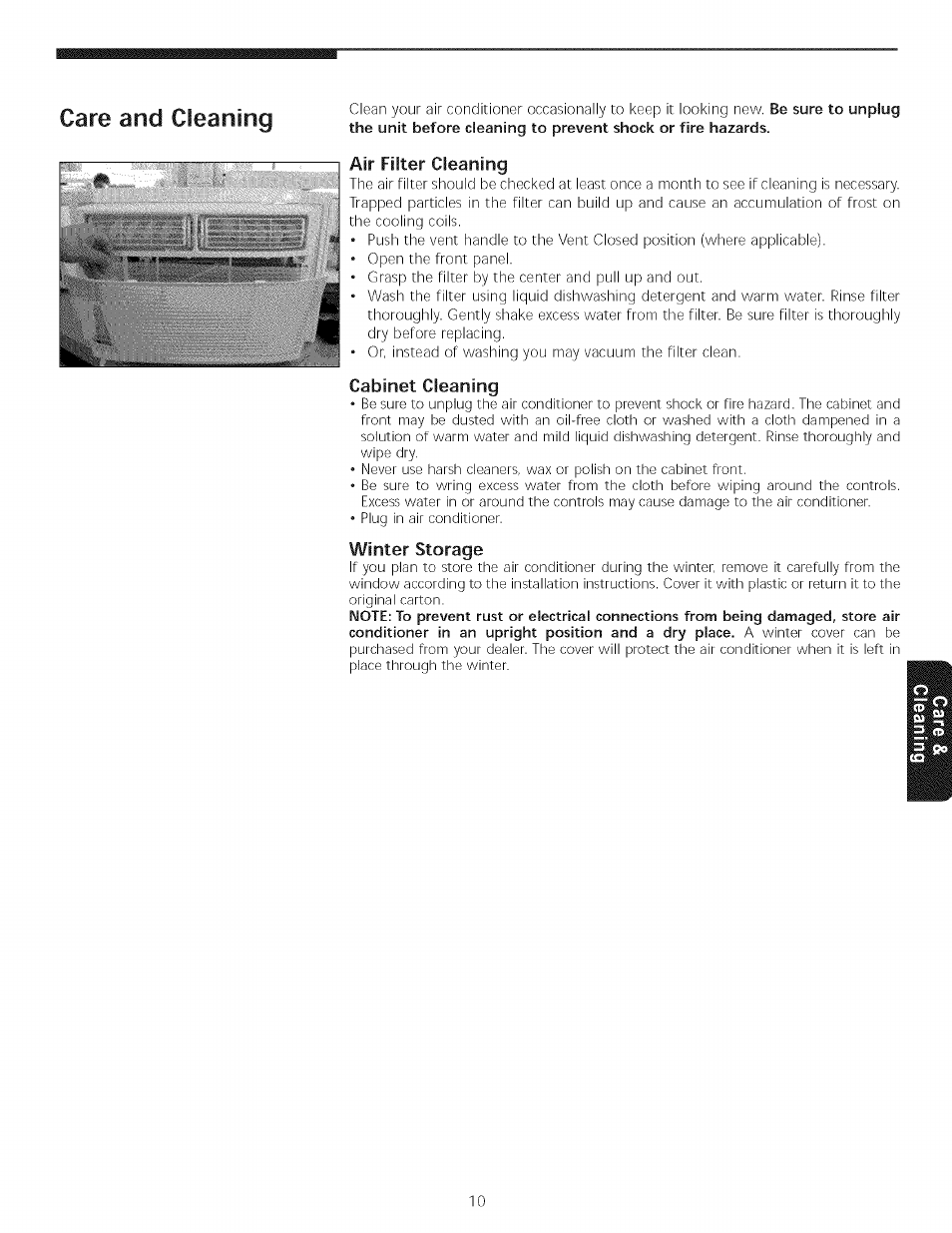 Air filter cleaning, Cabinet cleaning, Winter storage | Care and cleaning | Kenmore Air Conditioner User Manual | Page 10 / 12