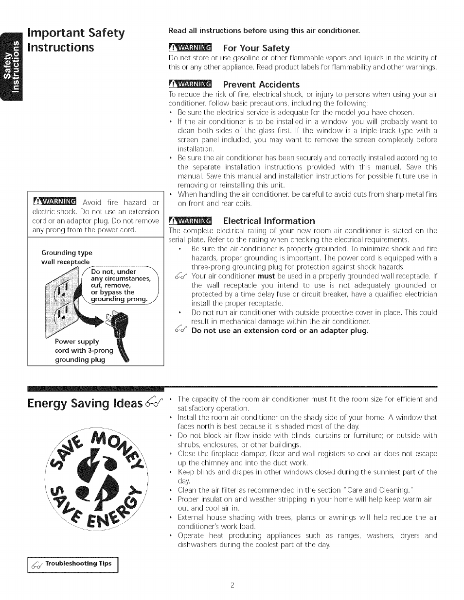 For your safety, Prevent accidents, Electrical information | Important safety instructions, Energy saving ideas 6 | Kenmore Air Conditioner User Manual | Page 2 / 12