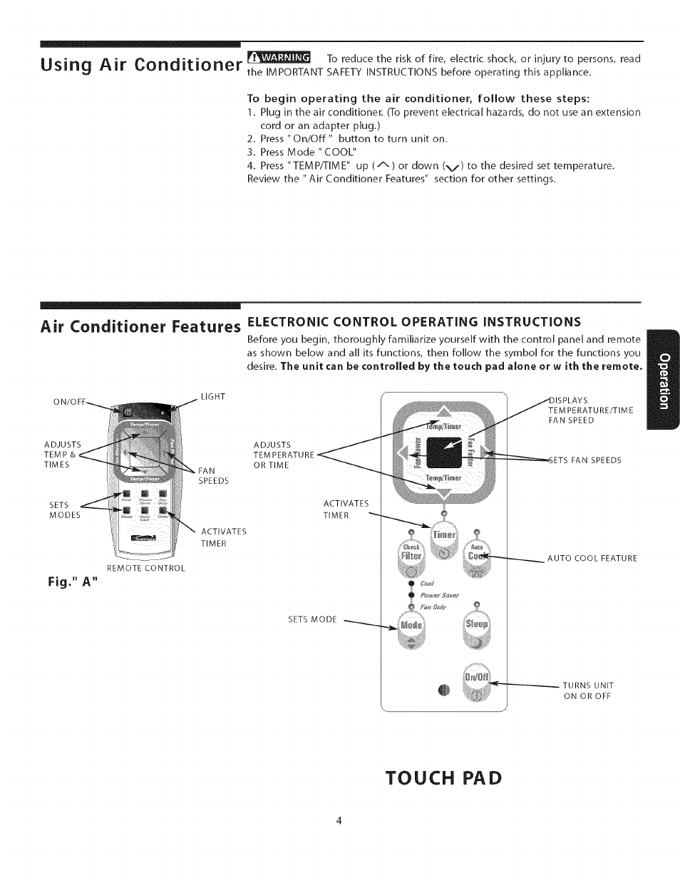 Fig." a, Touch pad, Using air conditioner | Conditioner features | Kenmore Air Conditioner User Manual | Page 4 / 12