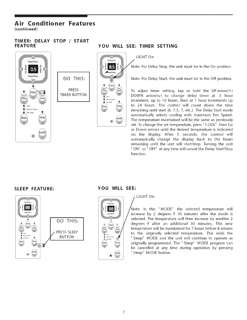 Sleep feature, You will see, Air conditioner features | Do this, Timer: delay stop / start feature, You will see: timer setting, Sleep feature: you will see | Kenmore Air Conditioner User Manual | Page 7 / 12