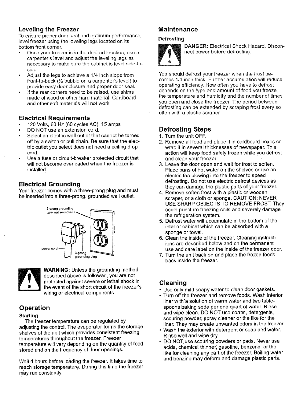 Electrical grounding, Maintenance, Operation | Defrosting steps, Cleaning | Kenmore 28502 User Manual | Page 2 / 6