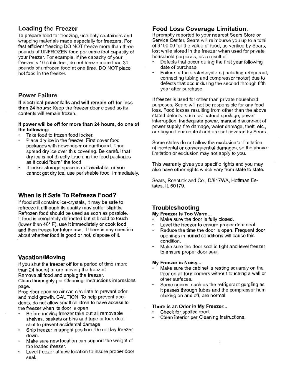 Loading the freezer, Power failure, When is it safe to refreeze food | Vacation/moving, Food loss coverage limitation, Troubleshooting | Kenmore 28502 User Manual | Page 3 / 6