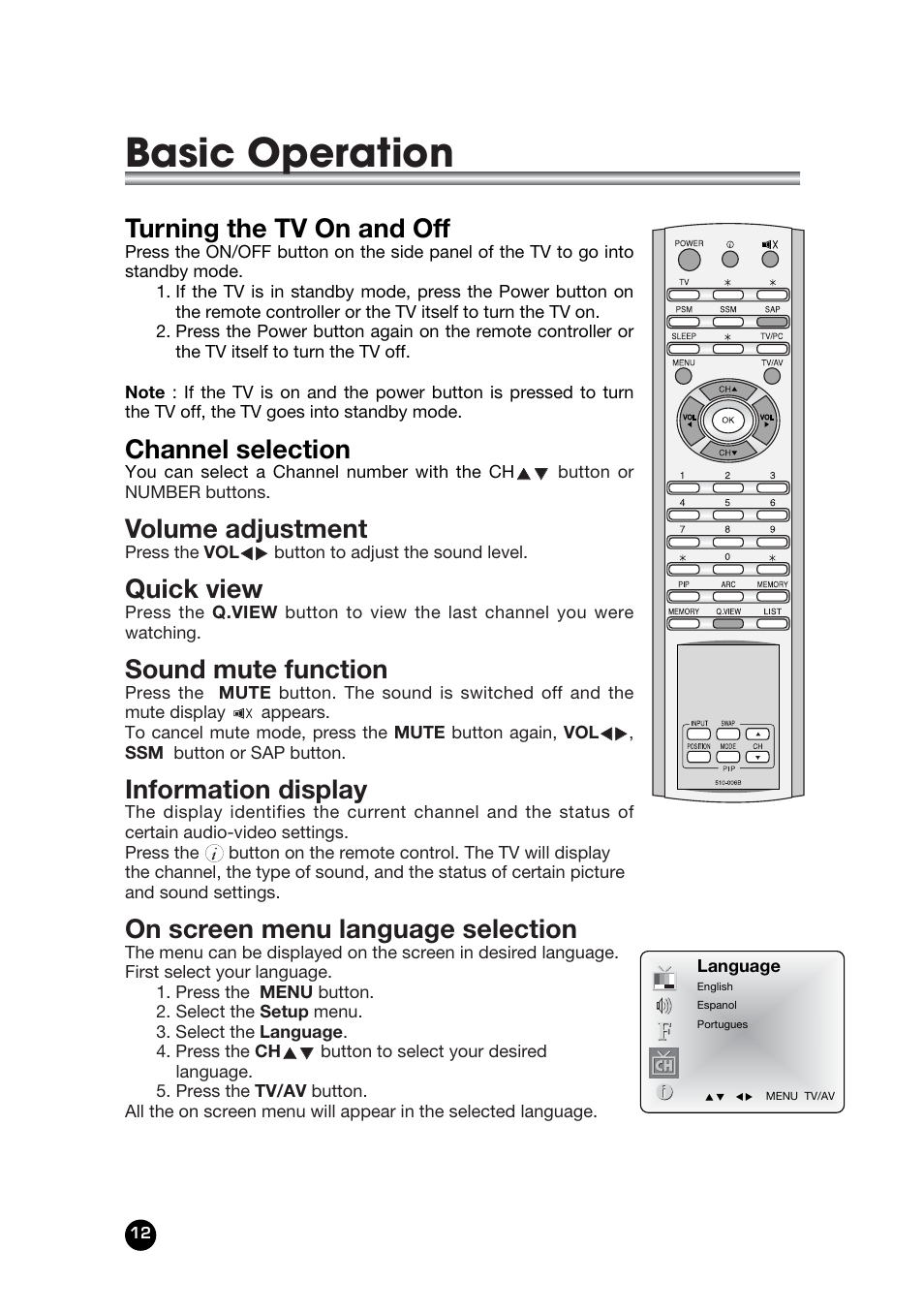 Basic operation, Turning the tv on and off, Channel selection | Volume adjustment, Quick view, Sound mute function, Information display, On screen menu language selection | Kreisen KR-400T User Manual | Page 12 / 31