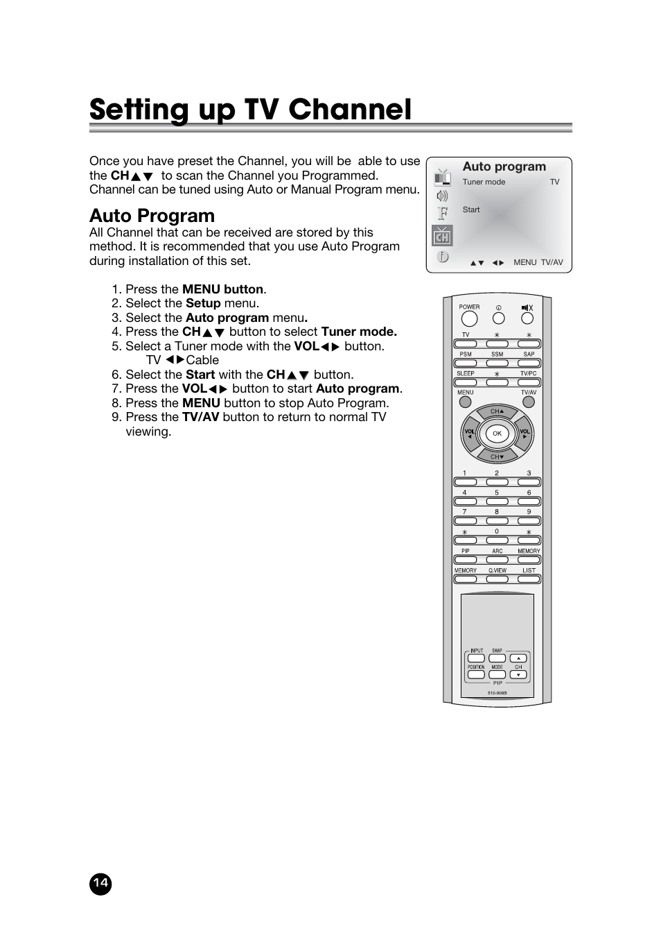 Setting up tv channel, Auto program | Kreisen KR-400T User Manual | Page 14 / 31