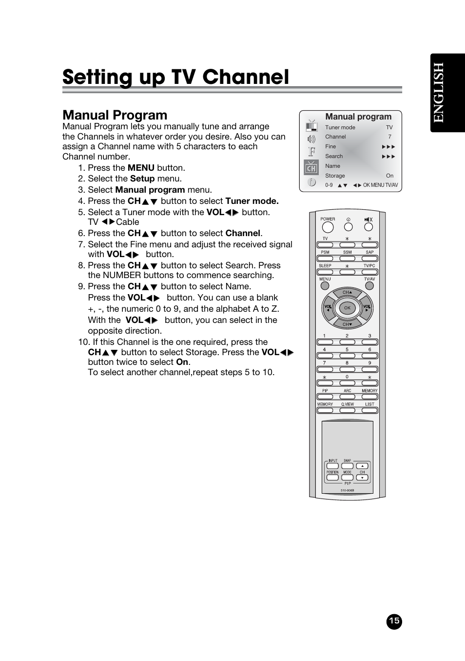 Setting up tv channel, English, Manual program | Kreisen KR-400T User Manual | Page 15 / 31