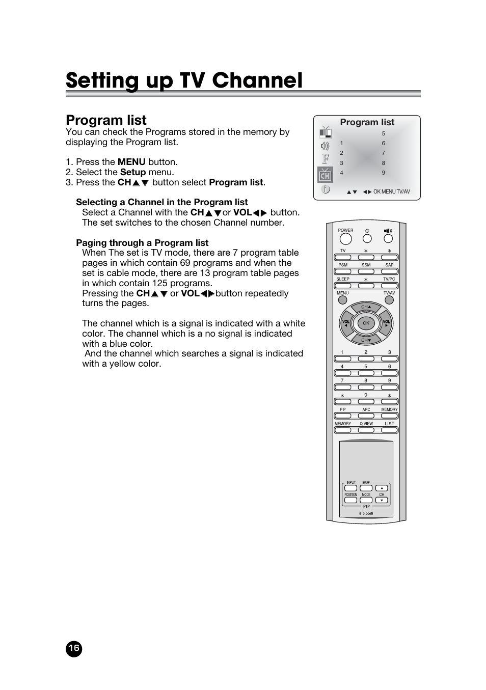 Setting up tv channel, Program list | Kreisen KR-400T User Manual | Page 16 / 31