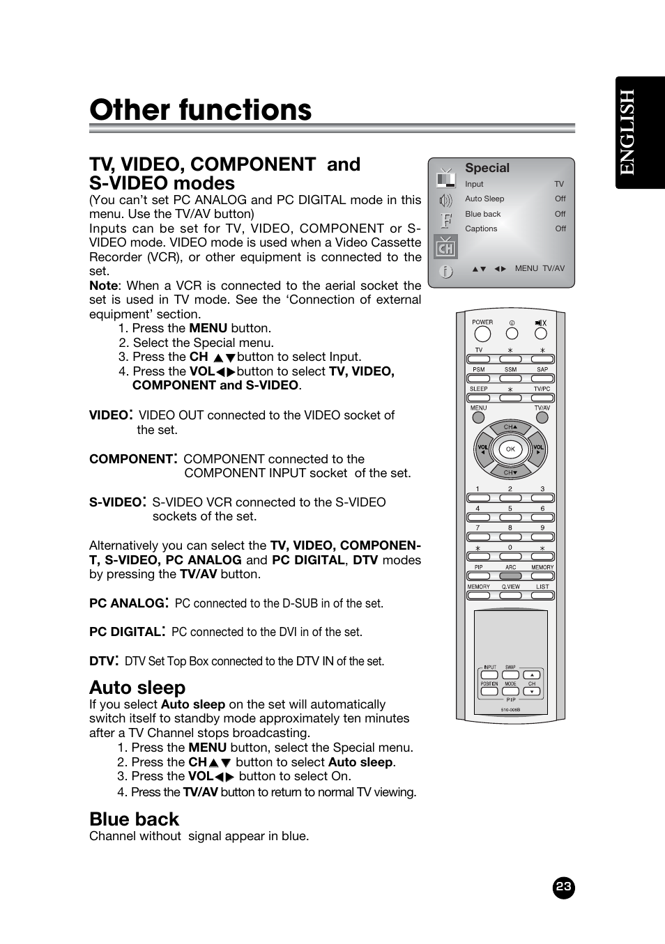 Other functions, English, Tv, video, component and s-video modes | Auto sleep, Blue back | Kreisen KR-400T User Manual | Page 23 / 31