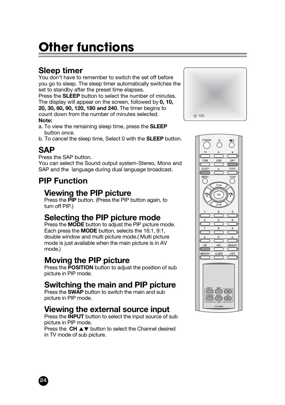 Other functions, Sleep timer, Pip function viewing the pip picture | Selecting the pip picture mode, Moving the pip picture, Switching the main and pip picture, Viewing the external source input | Kreisen KR-400T User Manual | Page 24 / 31
