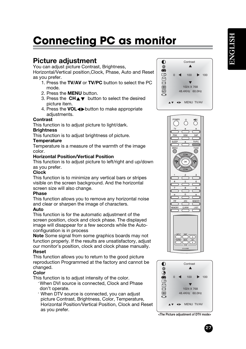 Connecting pc as monitor, English, Picture adjustment | Kreisen KR-400T User Manual | Page 27 / 31