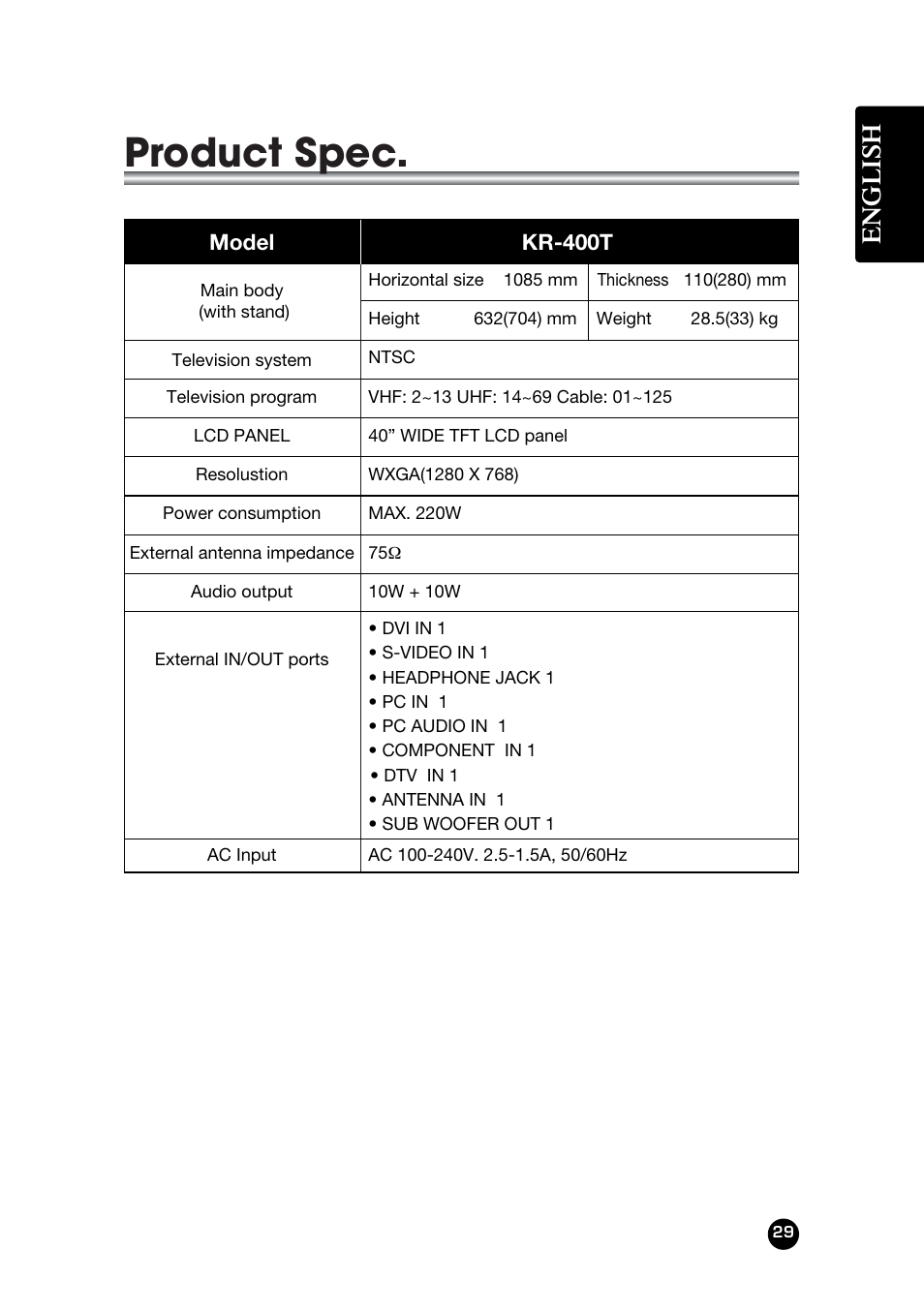 Product spec, English | Kreisen KR-400T User Manual | Page 29 / 31