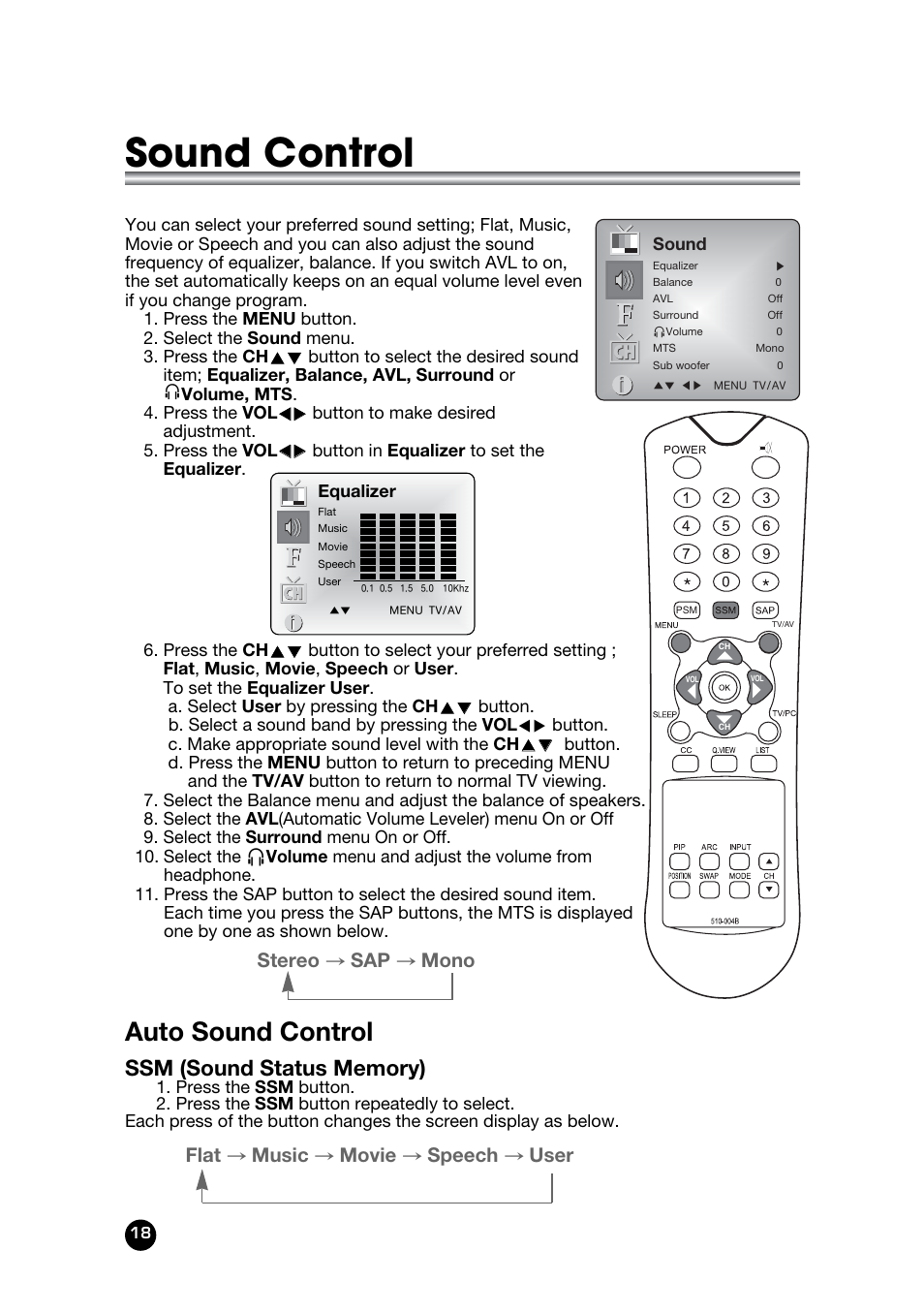 Sound control, Auto sound control, Stereo → sap → mono | Flat → music → movie → speech → user | Kreisen LT-30FMP User Manual | Page 18 / 31