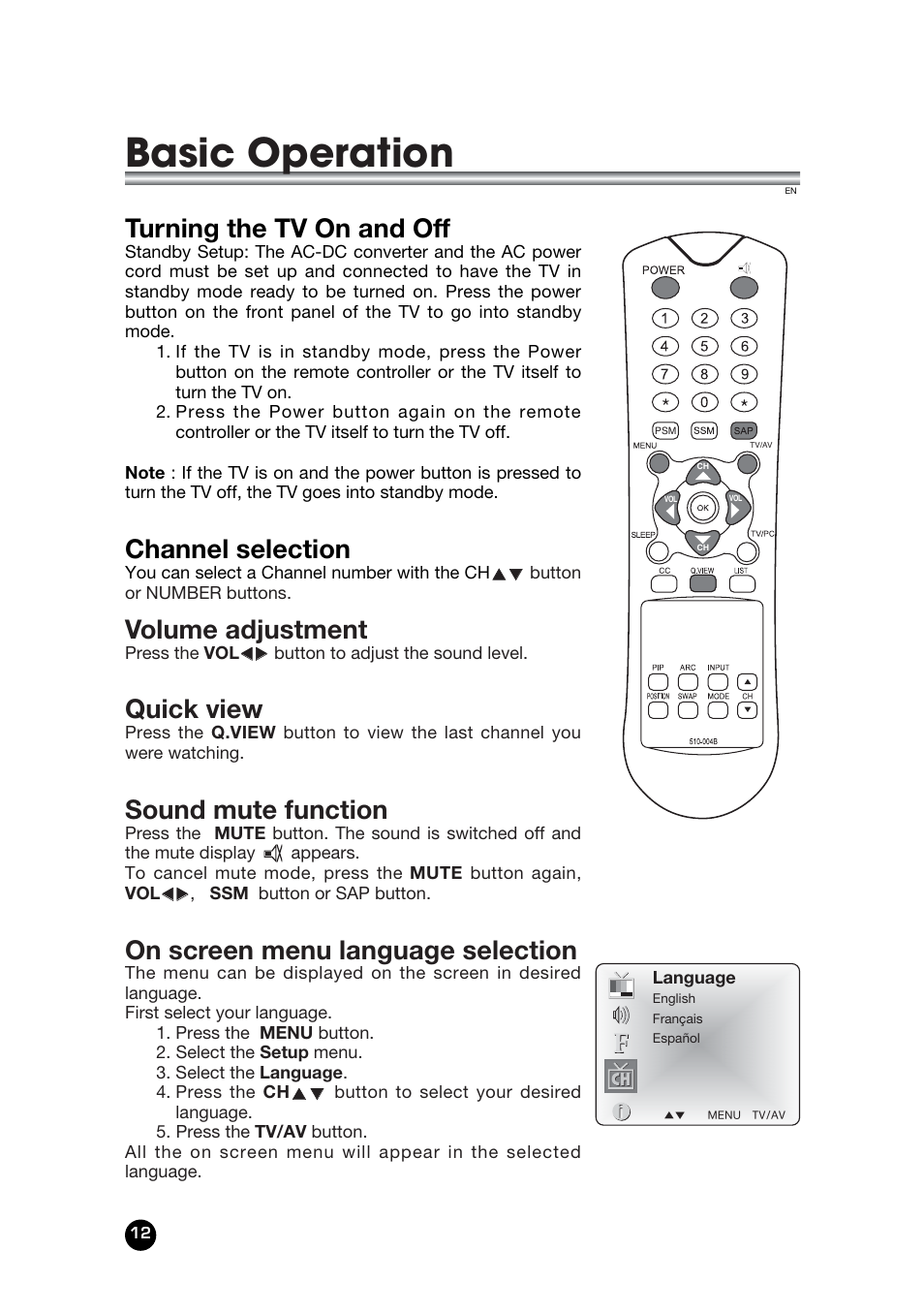Basic operation, Turning the tv on and off, Channel selection | Volume adjustment, Quick view, Sound mute function, On screen menu language selection | Kreisen KR-320T User Manual | Page 12 / 31
