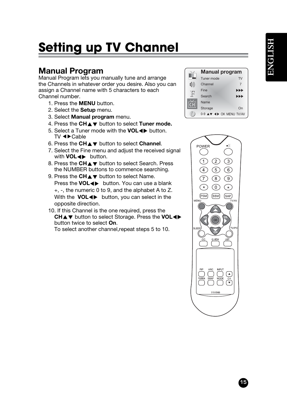 Setting up tv channel, English, Manual program | Kreisen KR-320T User Manual | Page 15 / 31