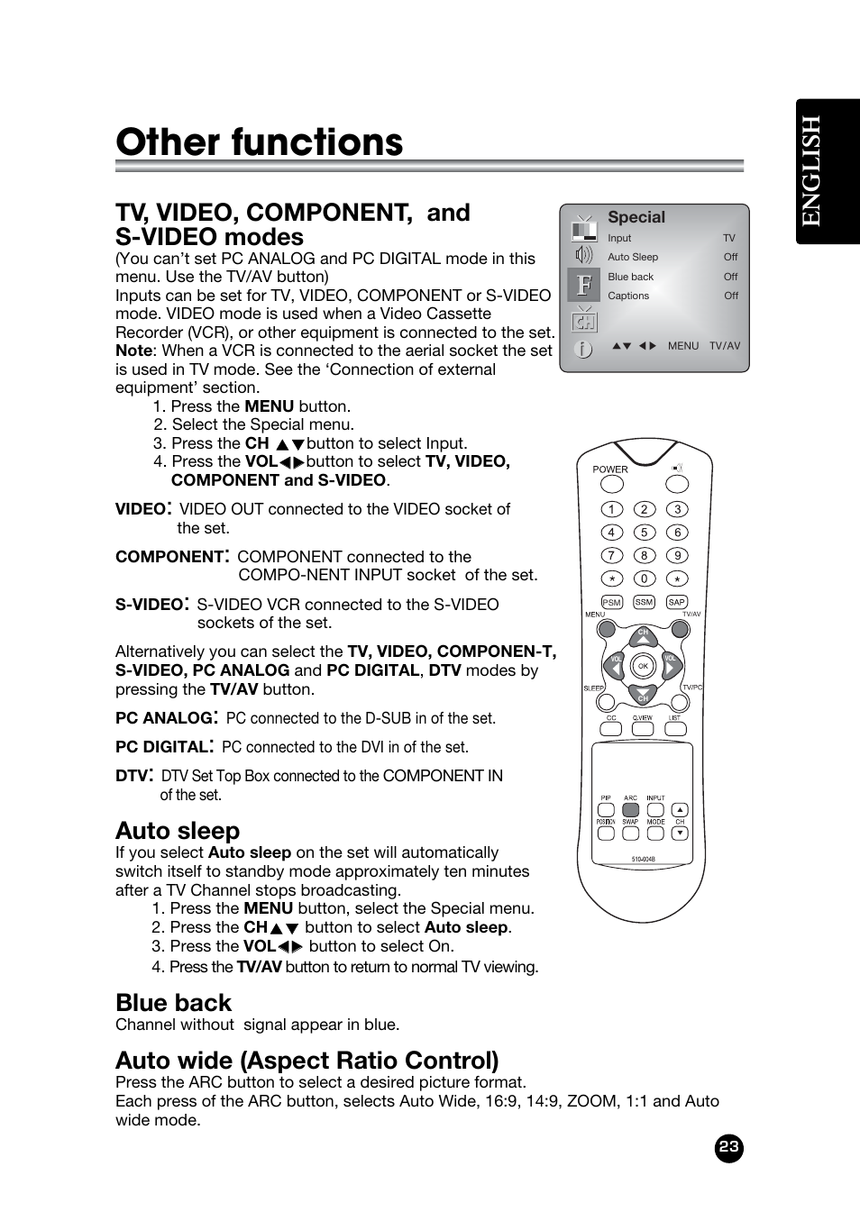 Other functions, English, Tv, video, component, and s-video modes | Auto sleep, Blue back, Auto wide (aspect ratio control) | Kreisen KR-320T User Manual | Page 23 / 31