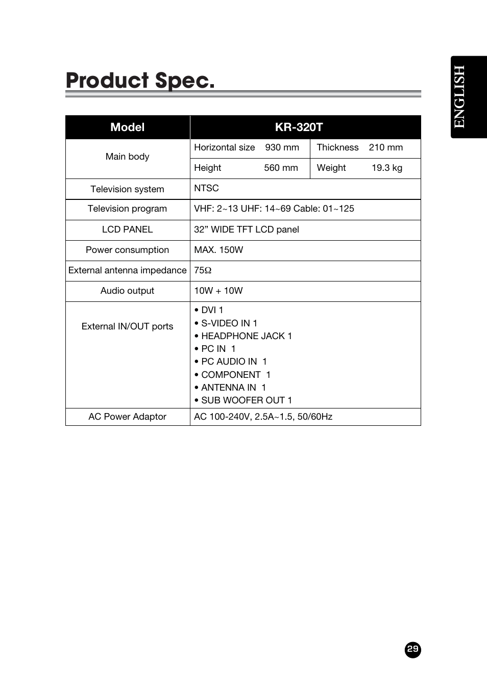 Product spec, English | Kreisen KR-320T User Manual | Page 29 / 31
