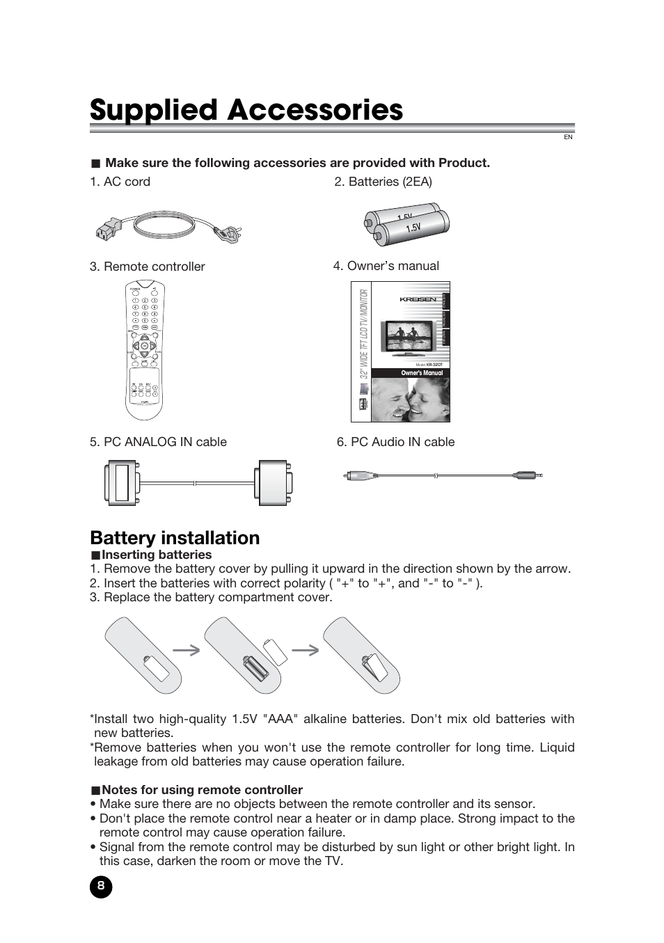 Supplied accessories, Battery installation | Kreisen KR-320T User Manual | Page 8 / 31