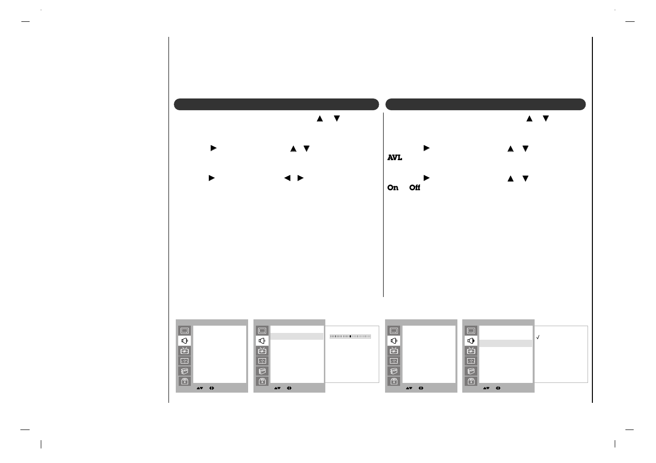 Sound adjustment, Avl (auto volume leveler) balance | Kreisen KR-370T User Manual | Page 20 / 88
