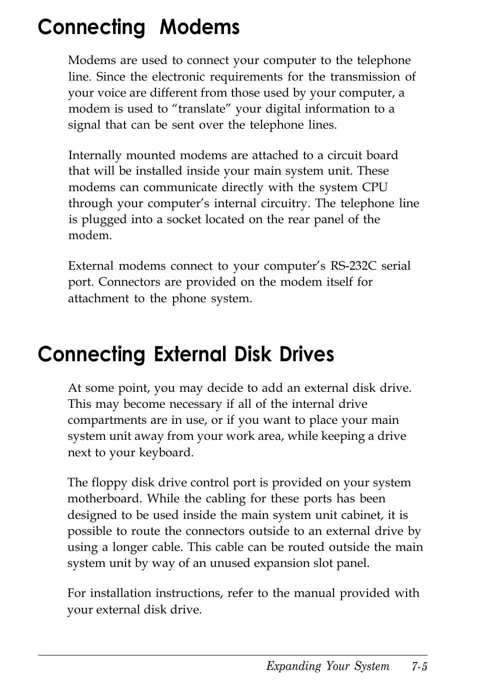 Connecting modems, Connecting external disk drives | Kreisen 3 8 6 X / X E User Manual | Page 139 / 173