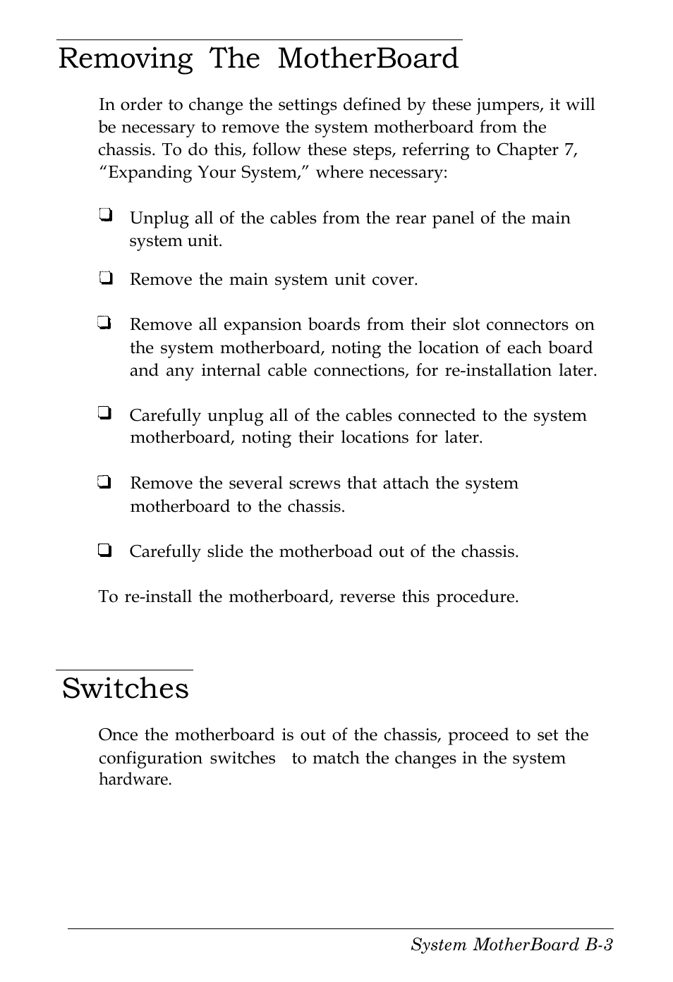 Removing the matherboard, Switches, B - 3 | Removing the motherboard | Kreisen 3 8 6 X / X E User Manual | Page 156 / 173