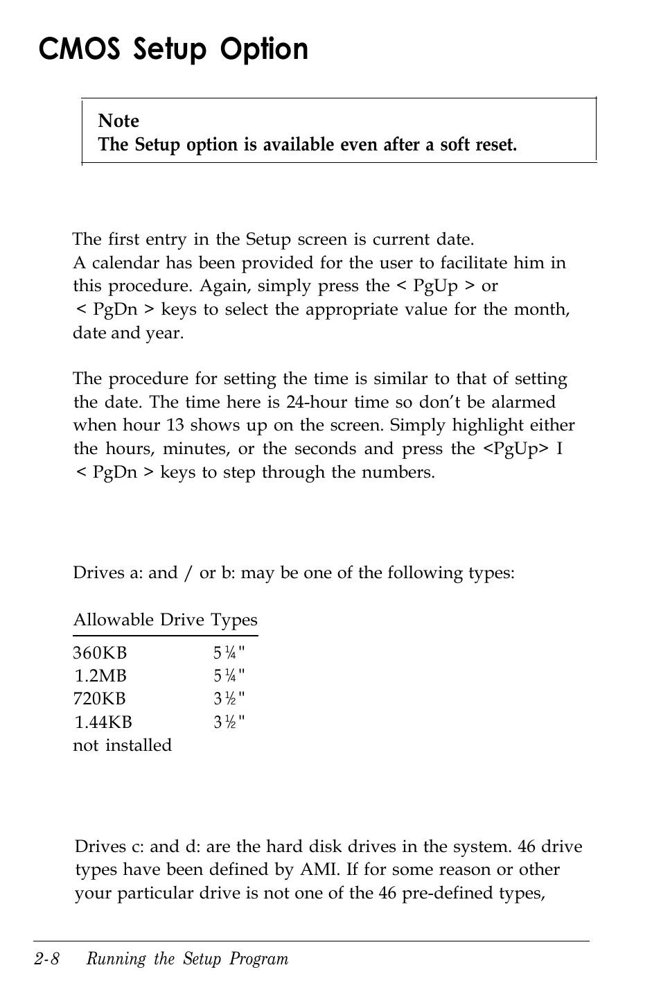 Cmos setup option, Date and time setup, Floppy disk drive setup | Hard disk drive setup | Kreisen 3 8 6 X / X E User Manual | Page 45 / 173