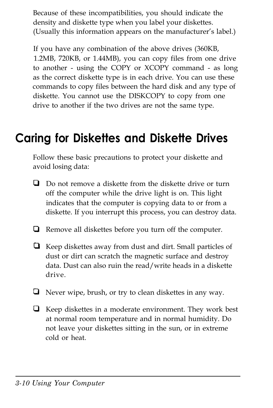 Caring for diskettes and diskette drives | Kreisen 3 8 6 X / X E User Manual | Page 63 / 173
