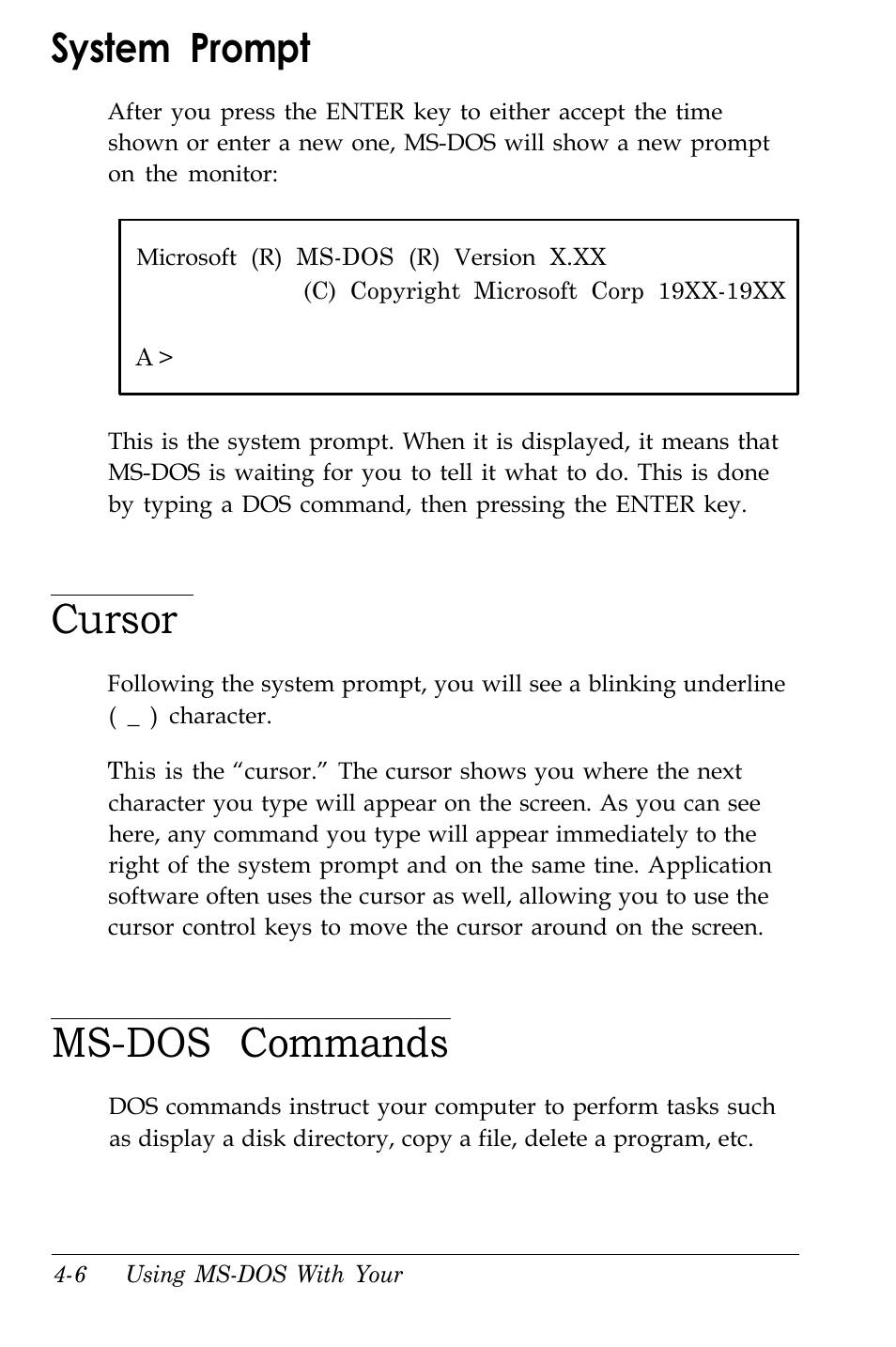 System prompt, Cursor, Ms-dos commands | Kreisen 3 8 6 X / X E User Manual | Page 78 / 173