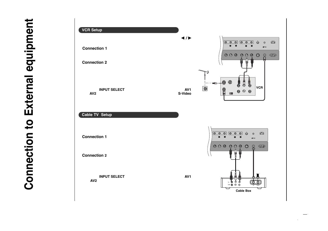 Connection to external equipment, Vcr setup, Number | Connection 1, Connection 2, Cable tv setup, Connection | Kreisen KR-270T User Manual | Page 12 / 88