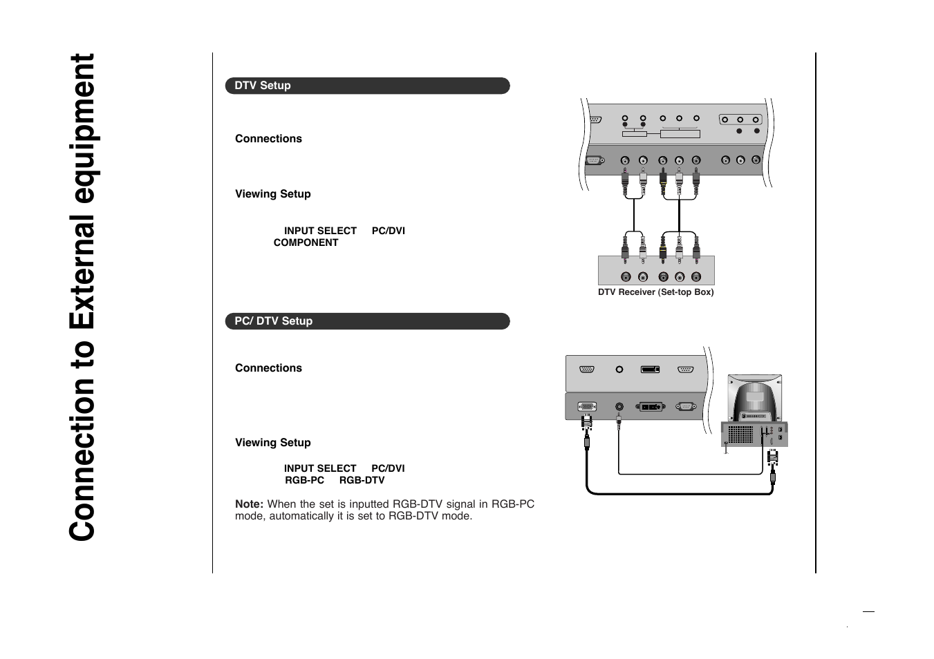 Connection to external equipment, Dtv setup, Connections | Viewing setup, Pc/ dtv setup | Kreisen KR-270T User Manual | Page 14 / 88