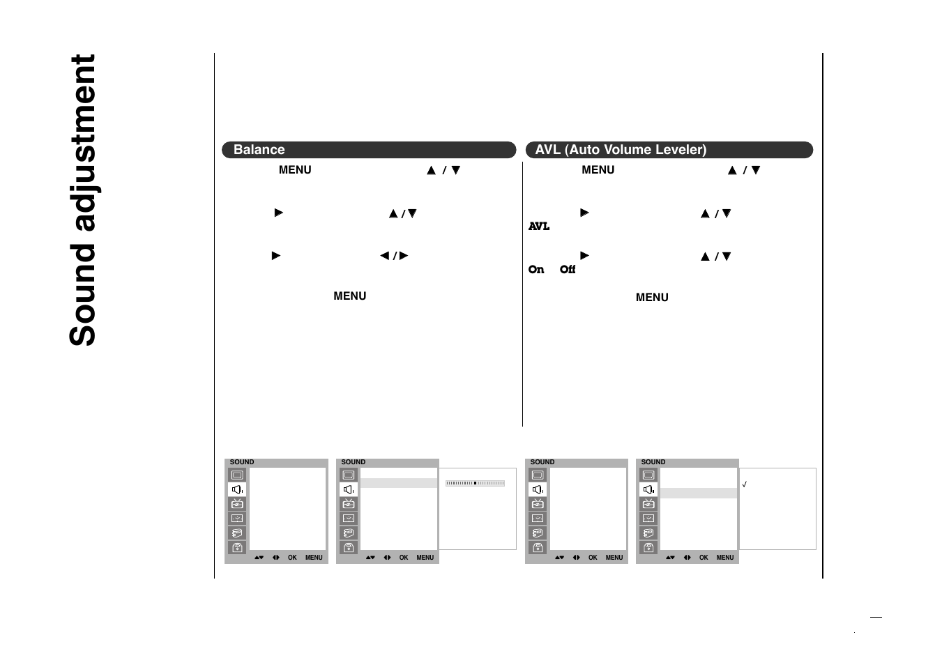 Sound adjustment, Avl (auto volume leveler) balance | Kreisen KR-270T User Manual | Page 20 / 88