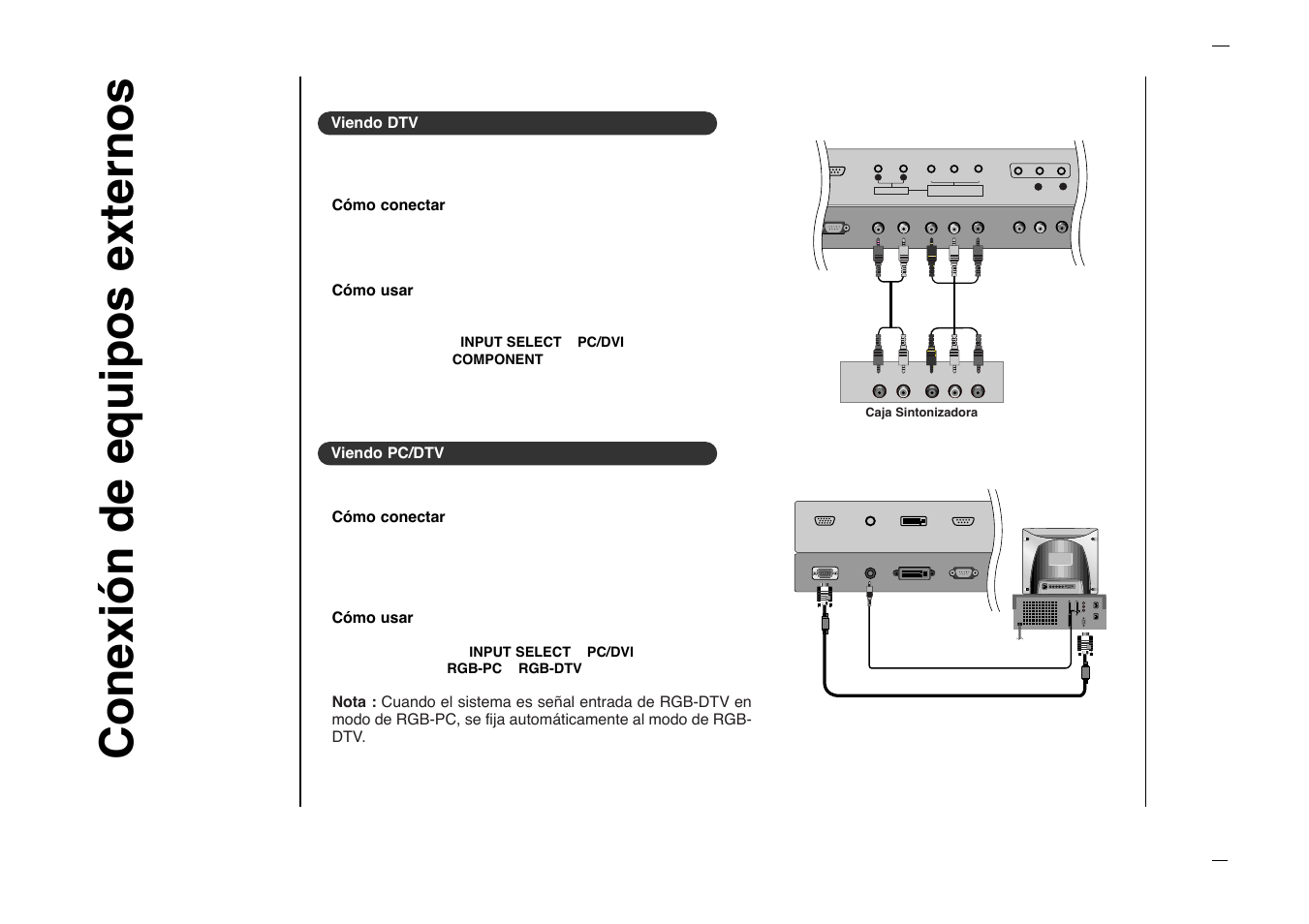 Conexi—n de equipos externos, Viendo dtv, C—mo conectar | C—mo usar, Viendo pc/dtv | Kreisen KR-270T User Manual | Page 58 / 88