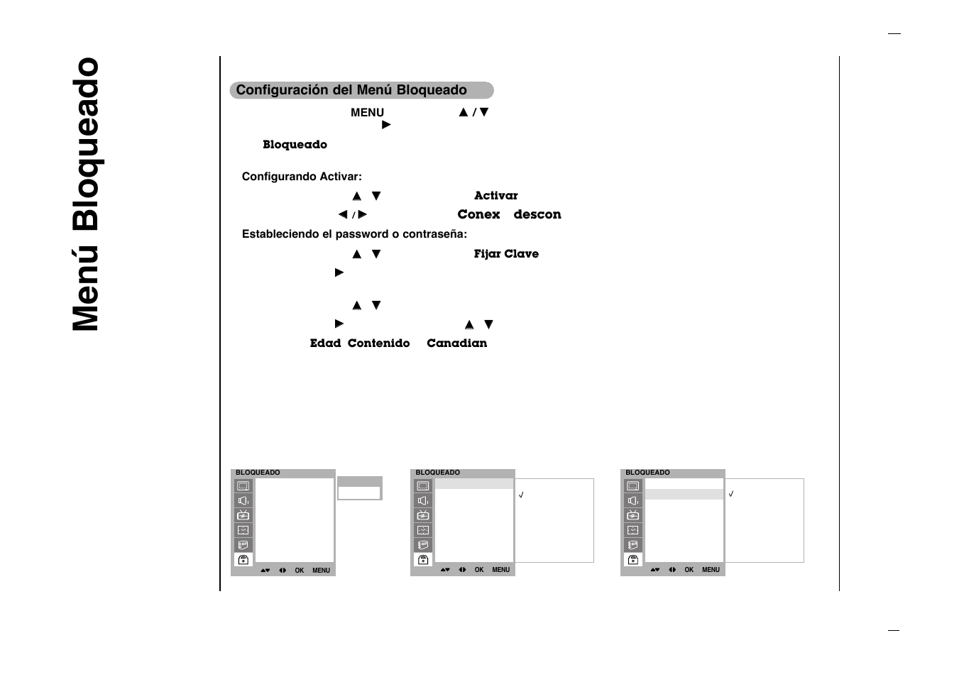 Menœ bloqueado, Configuraci—n del menœ bloqueado | Kreisen KR-270T User Manual | Page 72 / 88