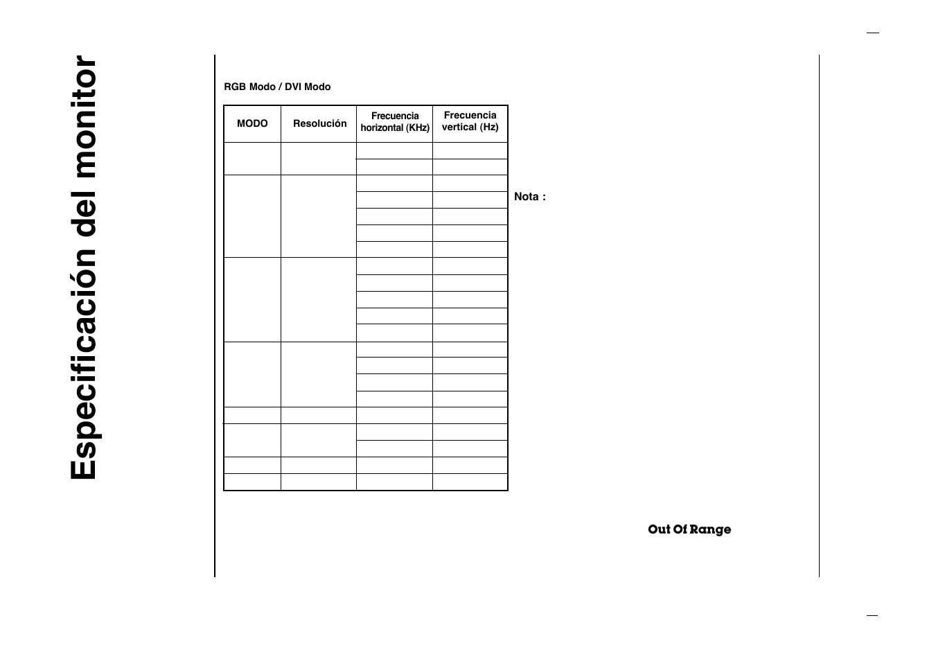 Especificaci—n del monitor | Kreisen KR-270T User Manual | Page 84 / 88
