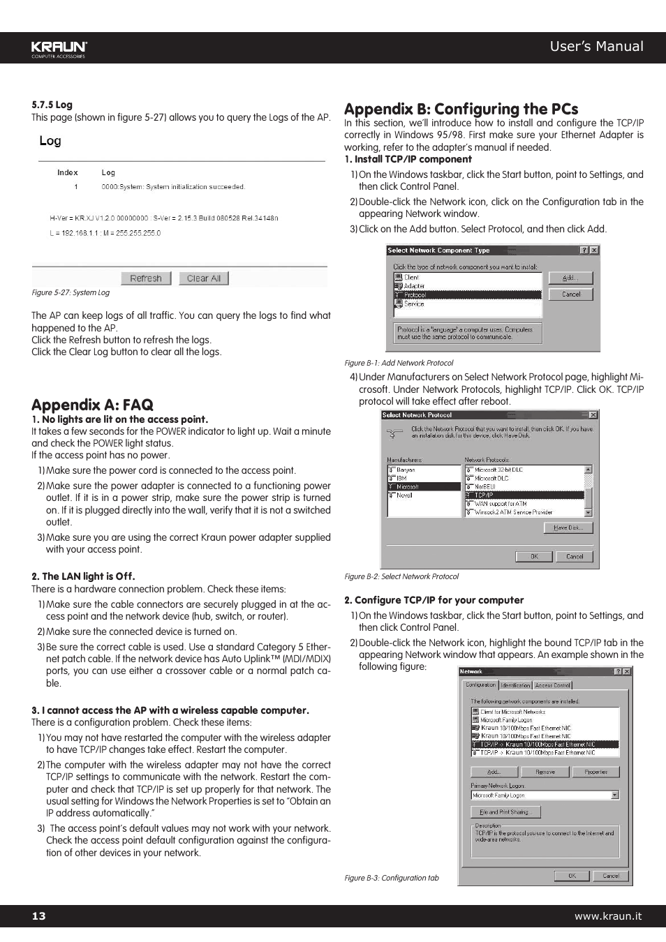Appendix a: faq, Appendix b: configuring the pcs, User’s manual | Kraus USA Kralin Wireless Access Point 54MB Single Port Cod. KR.XJ User Manual | Page 13 / 17