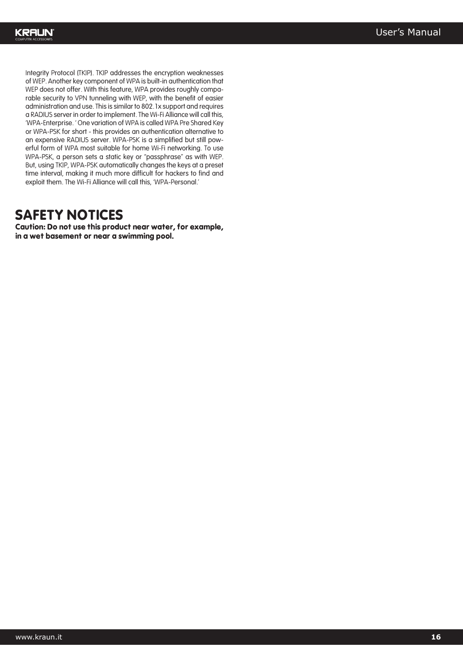 Safety notices, User’s manual | Kraus USA Kralin Wireless Access Point 54MB Single Port Cod. KR.XJ User Manual | Page 16 / 17