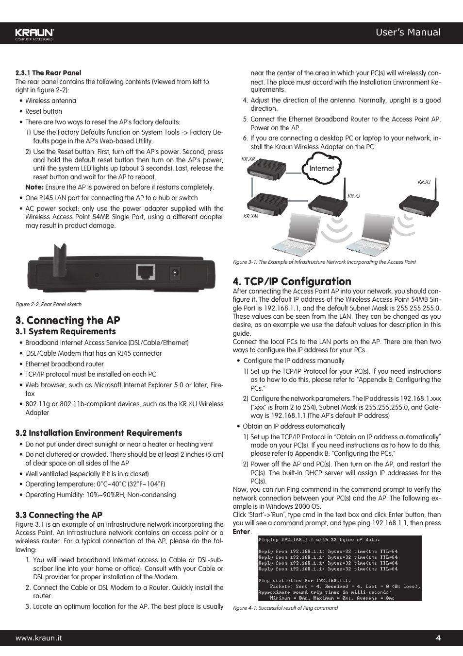 Connecting the ap, Tcp/ip configuration, User’s manual | Kraus USA Kralin Wireless Access Point 54MB Single Port Cod. KR.XJ User Manual | Page 4 / 17