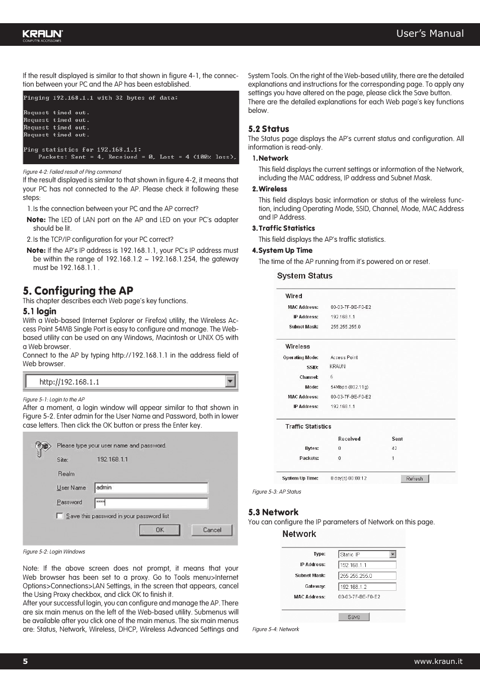 Configuring the ap, User’s manual | Kraus USA Kralin Wireless Access Point 54MB Single Port Cod. KR.XJ User Manual | Page 5 / 17