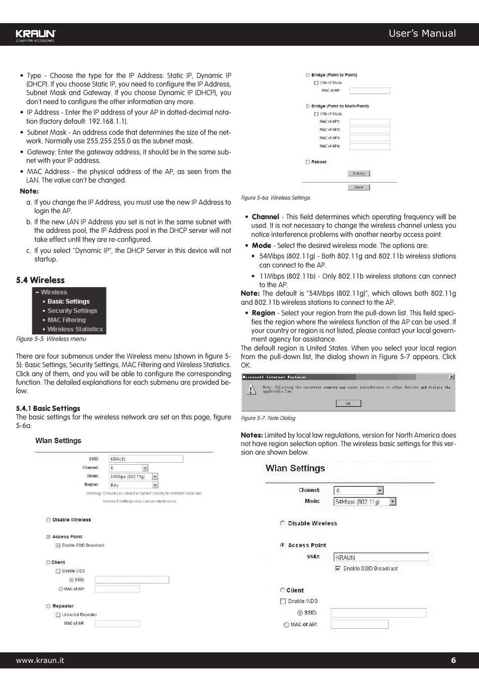 User’s manual | Kraus USA Kralin Wireless Access Point 54MB Single Port Cod. KR.XJ User Manual | Page 6 / 17