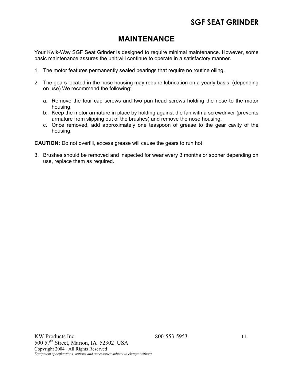 Sgf seat grinder, Maintenance | Kwik Tek 800-553-5953 User Manual | Page 14 / 27