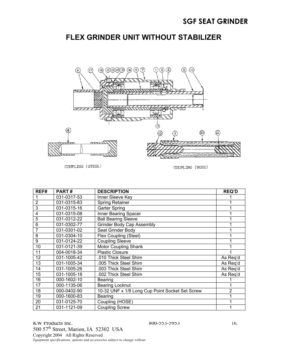 Sgf seat grinder, Flex grinder unit without stabilizer | Kwik Tek 800-553-5953 User Manual | Page 19 / 27