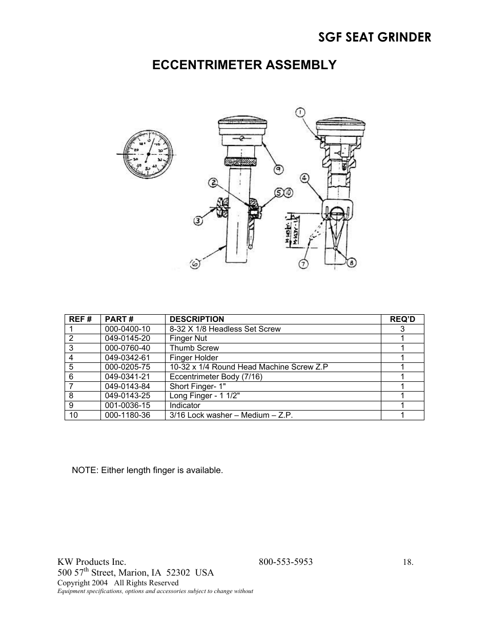 Eccentrimeter assembly, Sgf seat grinder | Kwik Tek 800-553-5953 User Manual | Page 21 / 27