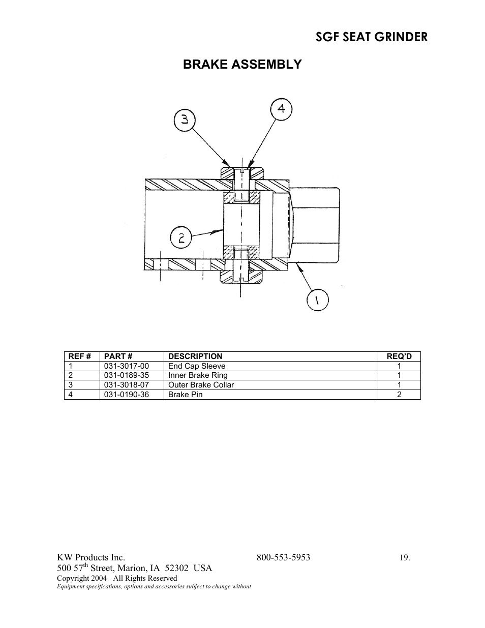 Sgf seat grinder, Brake assembly | Kwik Tek 800-553-5953 User Manual | Page 22 / 27