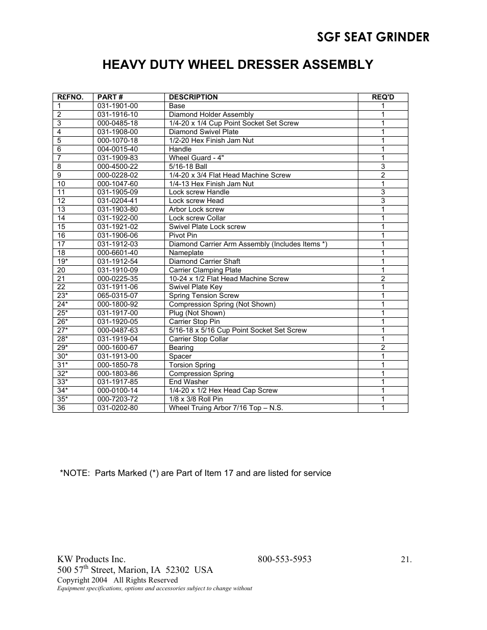 Sgf seat grinder, Heavy duty wheel dresser assembly | Kwik Tek 800-553-5953 User Manual | Page 24 / 27