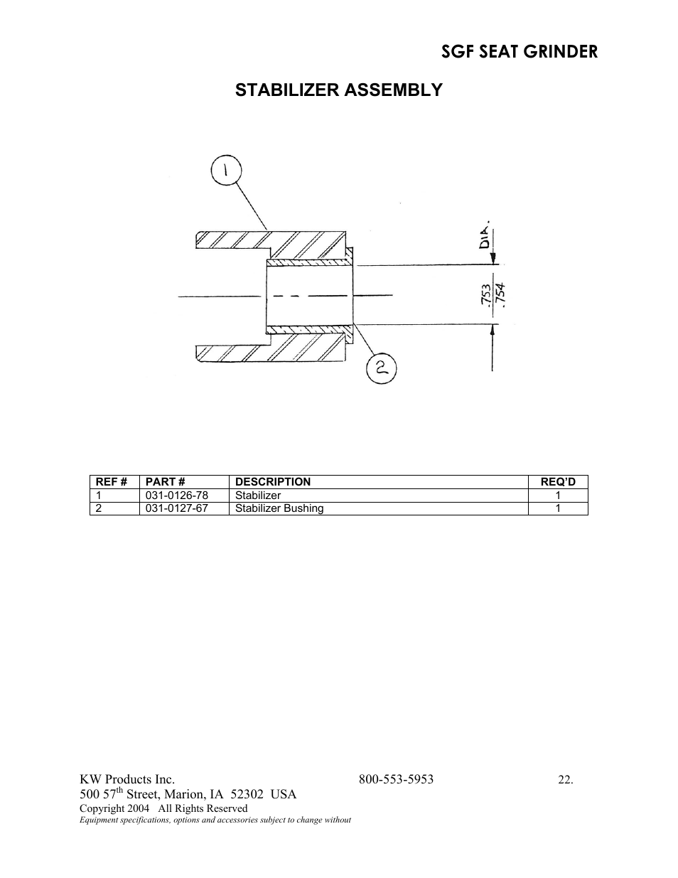 Sgf seat grinder, Stabilizer assembly | Kwik Tek 800-553-5953 User Manual | Page 25 / 27