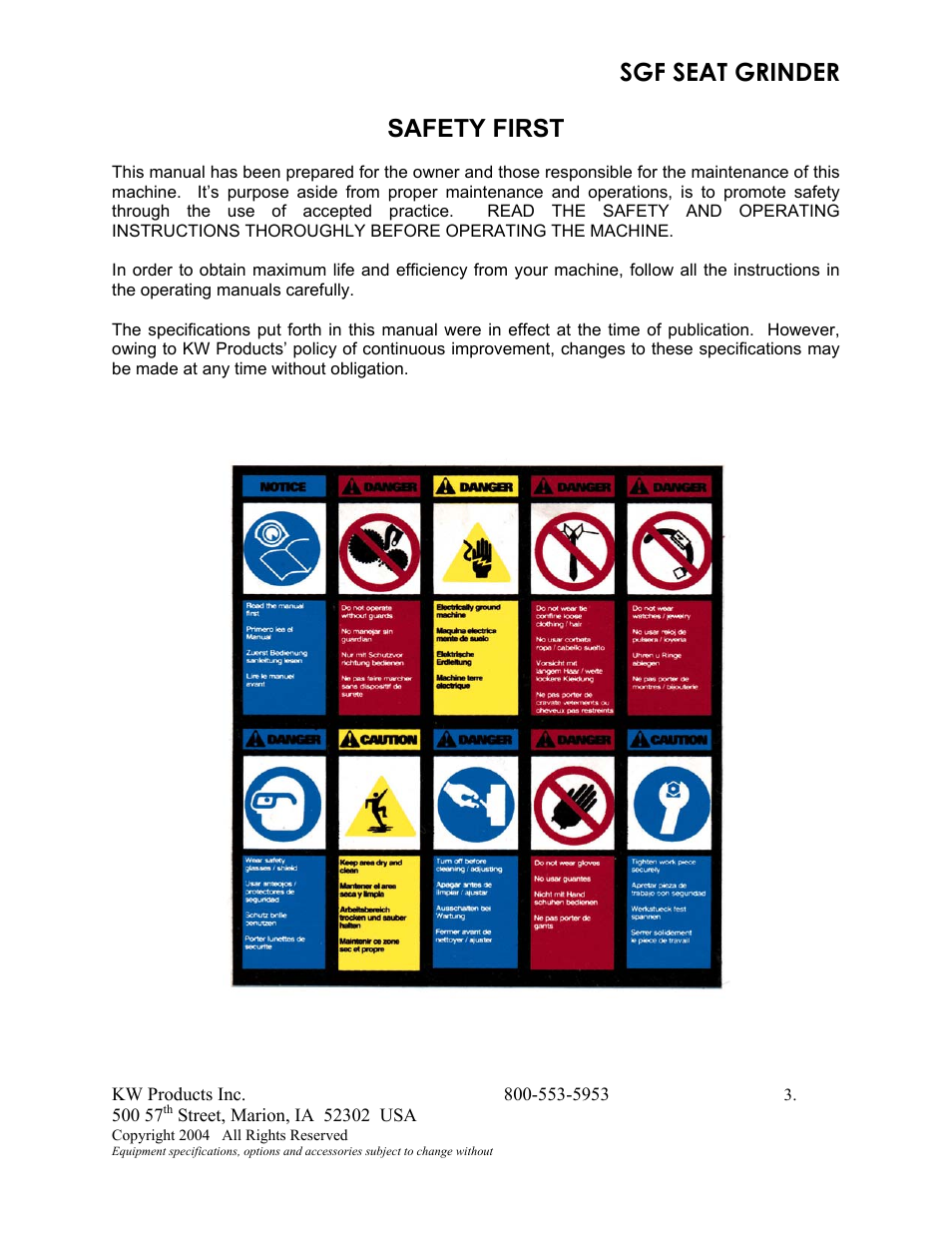 Safety first, Safety instructions, Sgf seat grinder | Kwik Tek 800-553-5953 User Manual | Page 6 / 27