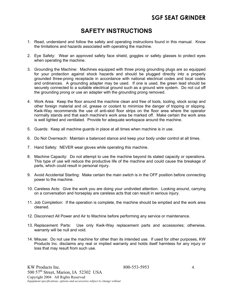 Sgf seat grinder, Safety instructions | Kwik Tek 800-553-5953 User Manual | Page 7 / 27